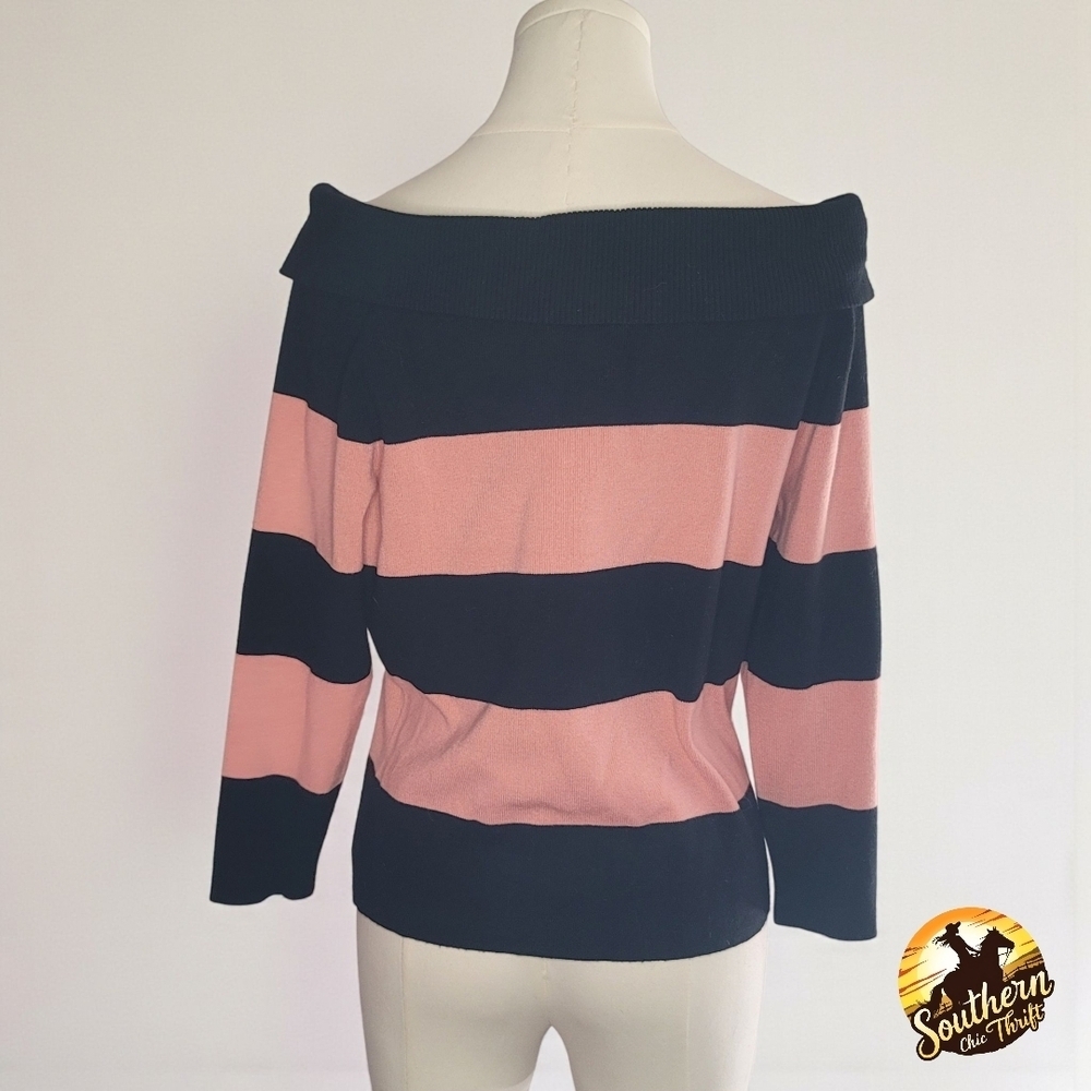 Harold's Off-Shoulder Sweater - Pink and Black Stripes - Picture 4 of 5